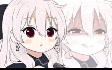 a cartoon girl with white hair and red eyes is smiling and looking at the camera .