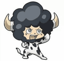 a cartoon character with a cow costume and horns is standing on a white background .