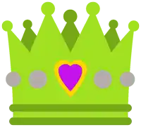 a green crown with a yellow and purple heart on it