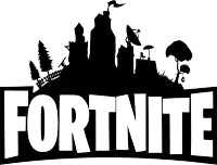 a black and white fortnite logo with a castle in the background