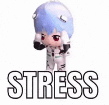 a doll with blue hair is standing in front of a sign that says stress .