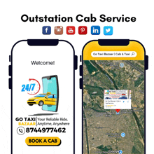 an advertisement for an outstation cab service shows a phone with a taxi on it