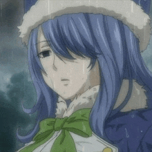 a girl with blue hair and a green bow is wearing a hat and a jacket in the rain .