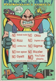 a robotnik 's rules poster shows a cartoon character holding a sign