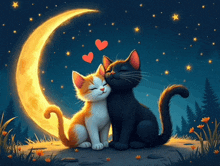 two cats kissing in front of a crescent moon at night