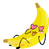 a cartoon drawing of a banana with pink hearts in its eyes