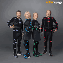 a group of people standing next to each other with the word abba voyage on the bottom right