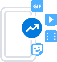 a blue circle with an arrow pointing up and the word gif on it surrounded by other icons .