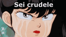 a close up of a girl 's face with the words sei crudele written above it