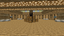 a bunch of wooden chests are stacked on top of each other in a room in a video game .