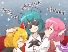 a drawing of three anime girls with wriggle written on the bottom left