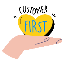 a hand is holding a yellow heart with the words customer first written on it