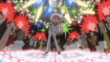 a girl with pink hair stands in front of a disco ball