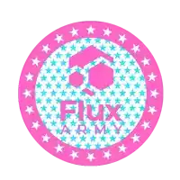 a pink circle with blue stars and the words flux army on it