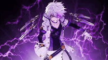 a purple anime character is holding a pair of scissors in front of a purple lightning bolt .