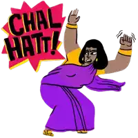 a cartoon drawing of a woman in a purple dress with the words chal hatt