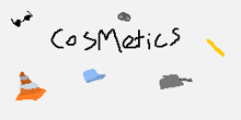 the word cosmetics is written in black ink on a white background