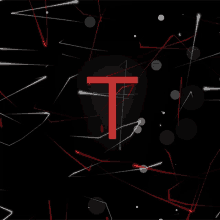 a red letter t is surrounded by red and white lines on a black background