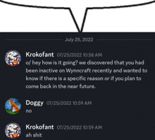 a conversation between krokofant and doggy on july 25 2022