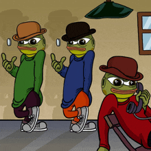 a cartoon of three frogs wearing hats giving thumbs up