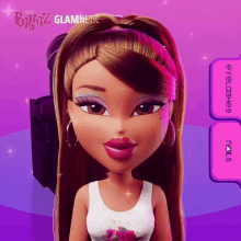 a doll from the brand bratz is shown on a purple screen