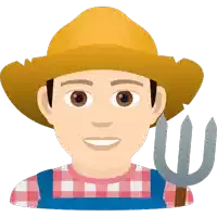 a man wearing overalls and a straw hat holds a fork