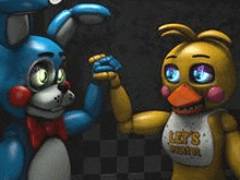 bonnie and chica from five nights at freddy 's are standing next to each other .