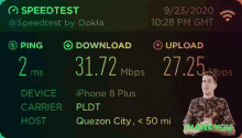 a screen shot of a speedtest shows a download of 31.72 mbps