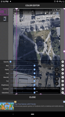 an aerial view of a park is being edited in a color editor app