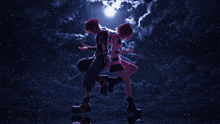 a couple of anime characters standing next to each other in the dark