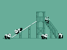 a group of panda bears on a slide and stairs