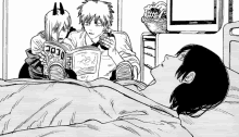 a black and white drawing of a man reading a book while a woman lays in bed .