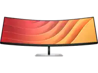 a curved hp monitor displays a red and yellow striped background