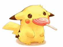 a cartoon pikachu is eating a lollipop on a stick .