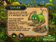 a poster for a game called my singing monsters shows a shrubb