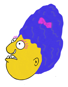 a cartoon drawing of a woman with purple hair and a pink bow