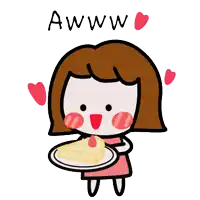 a cartoon of a girl holding a plate with a piece of cake and the words awww written above her