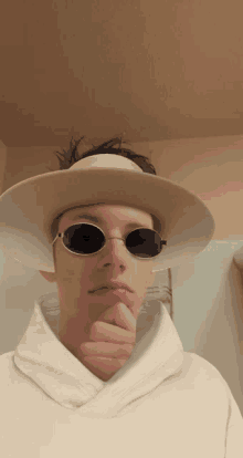 a man wearing a hat and sunglasses has his hand to his chin