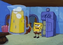 a cartoon of spongebob holding a pitcher of beer with ice