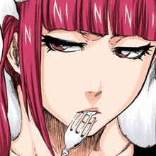 a girl with pink hair is eating a fork with a spoon in her mouth .