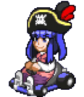 a pixel art of a girl with blue hair wearing a pirate hat