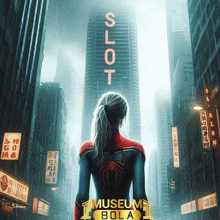 a woman in a spiderman costume stands in front of a tall building that says slot