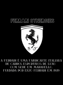 a black and white logo for ferrari synergies with a horse on it