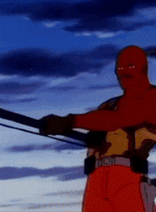 a man in a red mask is holding a sword in front of a blue sky with clouds