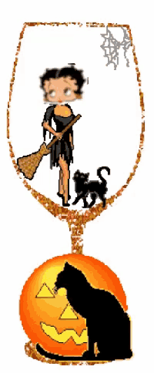 a cartoon of betty boop holding a broom next to a black cat