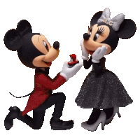 mickey mouse is proposing to minnie mouse who is wearing a black dress