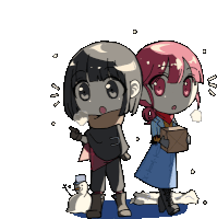 a cartoon of two girls standing next to a snowman