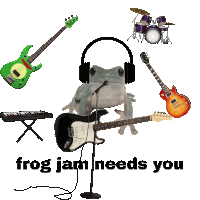 a frog wearing headphones is surrounded by guitars and drums with the words frog jam needs you below it