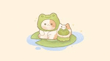 a cat wearing a frog hat is sitting on a lily pad .