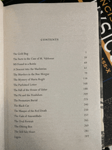 a book is open to a table of contents including the gold bug